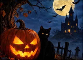 Obraz na szkle - Czarny kot przy świecącej dyni na Halloween (70x50 cm)