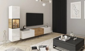 Nowoczesna meblościanka z oświetleniem, zestaw wisząco-stojący 2-elementowy z szafką RTV 180 cm i witryną, korpus biały mat, fronty biały połysk, wstawka dąb wotan