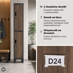 Szafka ubraniowa metalowa pracownicza głęboka 2-drzwiowa antracyt/orzech, 292x1720x600 mm: BARTEK 1 Plus D600 Eco Design
