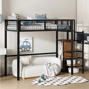 Łóżko piętrowe 90 x 200 z drabinką, półką i szafą - Metal - Stelaż z listew - Czarny