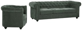 Kanapa 3-osobowa i fotel z zielonej tkaniny CHESTERFIELD
