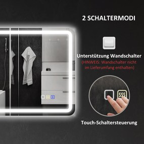 HOMCOM Lustro łazienkowe z oświetleniem LED, matą przeciwmgłową, 3 regulowanymi kolorami, 700 x 900 mm, Kolor srebrny