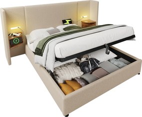 Łóżko 180x200cm z lnu - 2 stoliki nocne z lampką do czytania i funkcją ładowania - z stelażem na listwy - Beżowy