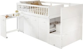 Drewniane łóżko na antresoli 90x200 cm - ze zdejmowanym biurkiem/szafą/szafami i schodami do przechowywania - Białe