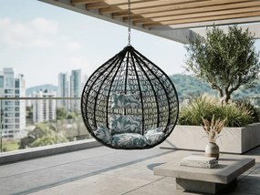 Czarny wiszący fotel KOKON bez stojaka, zielono-biała poduszka