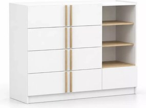 Komoda Chelly 135 cm biała – 5 szuflad, 3 półki, drewniane uchwyty, nowoczesna komoda do salonu i sypialni
