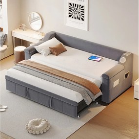 Sofa tapicerowana rozkładana - 90/180 x 190 cm - z podłokietnikami + Bluetooth + USB - ze schowkiem - tkanina aksamitna - szara