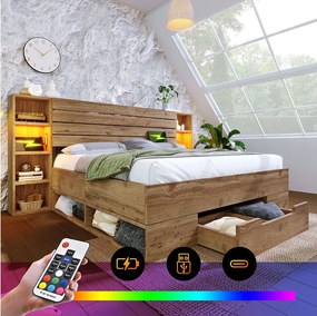 Łóżko podwójne 160 x 200 cm z szufladami i półkami do przechowywania - lampka do czytania i gniazda USB - Lite drewno - Dąb (bez materaca)