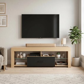 HOMCOM Lowboard RTV do telewizorów do 165,1 cm, nowoczesna szafka RTV z regulowanymi półkami szklanymi, dąb | Aosom PL