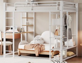 Łóżko mezzanine 140x200cm z metalu - z biurkiem i półkami - Białe