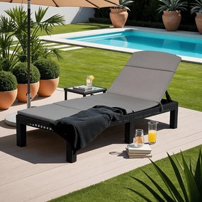 Regulowany leżak ogrodowy składany Luizjana, technorattan z poduszką, czarny/szary