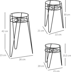 Stojaki na kwiaty Outsunny zestaw 3 metalowych stojaków na rośliny kwietniki uchwyt na doniczkę podstawka pod doniczkę Ø16 cm kolor czarny