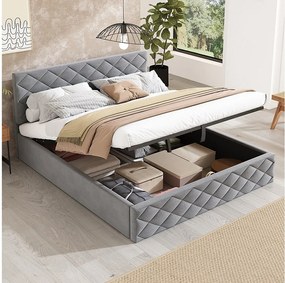 Łóżko z pojemnikiem i regulowanym zagłówkiem - 140 x 200 cm - aksamitne - stelaż listwowy - styl skandynawski - szare