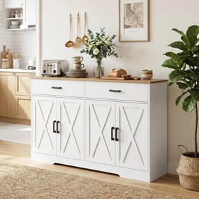 HOMCOM Komoda bufetowa, 140 cm szafka kuchenna w stylu wiejskim z 2 szufladami i 2 szafkami, biały | Aosom PL