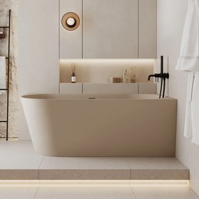 Wanna wolnostojąca narożna prawa konglomerat beżowa błyszcząca/matowa 160 x 75 cm WALL Beige Matt / Glow z przelewem typu SLIM : Kolor wanny - Beż matowy