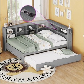 Łóżko wysuwane 140 x 200 cm + 90 x 190 cm z portem USB i regałem na książki - Drewno lite - Szary (bez materaca)