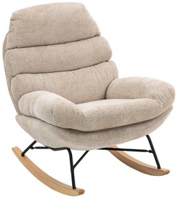 HOMCOM Tapicerowany fotel bujany z nogami stalowymi i drewnianymi płozami, kremowy