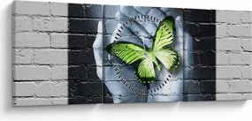 Obraz - Zielony motyl w ścianie (z zegarem) (90x30 cm)