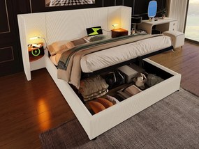 Łóżko 180x200cm z weluru żebrowego - 2 stoliki nocne z lampką do czytania i funkcją ładowania - z stelażem na listwy - Beżowy