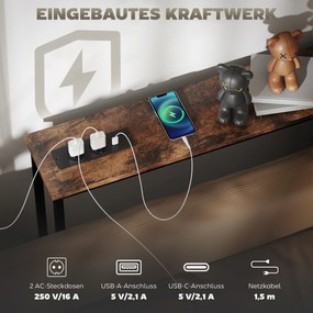 HOMCOM Smukły Stolik Konsola z Ładownicą, Styl Industrialny, Stelaż ze Stali, Brązowy