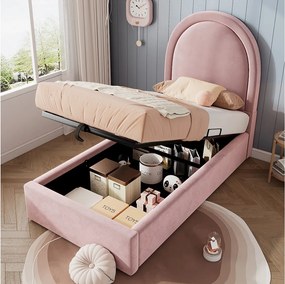 Łóżko ze schowkiem 90 x 200 cm z okrągłym zagłówkiem - Aksamit - Wzór kosmiczny - Różowy (bez materaca)