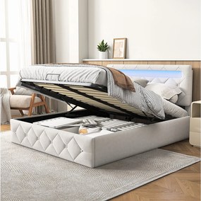 Łóżko 160x200cm z LED - Stelaż z listew - Duża przestrzeń do przechowywania - Beżowe