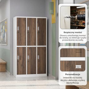 Szafka socjalna ubraniowa BHP biała / orzech 6-drzwiowa: Eco Design IGOR, 900 x 1850 x 450 mm