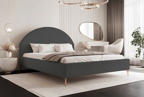 BESILIO Łóżko tapicerowane Boucle 140x200 Velora II - stelaż listwowy, wezgłowie, pojemnik, łóżko slim, wysokie złote nogi - Szary
