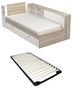 Łóżko 90 x 200 cm ze schowkami - Biały i naturalny + Stelaż - LIARA