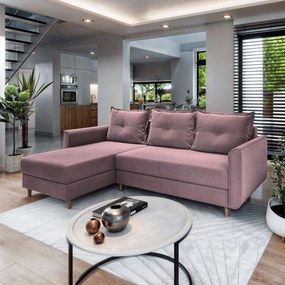 Masseno Narożnik PISAN z funkcją spania i pojemnikiem na pościel Narozniki L, Rozkładana sofa - Pudrowy róż, KRONOS 27