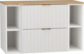 Biały Zestaw Łazienkowy 100cm Szafka Blat Orzech Regały Ryflowane Fronty