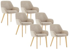 Zestaw 6 krzeseł z podłokietnikami z tkaniny z bukli i drewna kauczukowego - Taupe i jasny naturalny - VALENYO