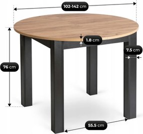 Zestaw Stół Okrągły Rozkładany HARRY 102-142 cm Dąb Craft/Czarny i 6 Krzeseł PERU Beżowych Welurowych Nowoczesnych