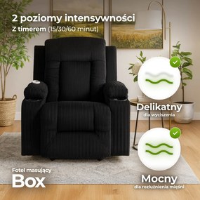 Fotel Masujący BOX Rozkładany Wypoczynkowy z Podnóżkiem Czarny Sztruksowy Nowoczesny