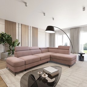 Masseno Narożnik AVISE z funkcją spania i pojemnikiem na pościel Narozniki L, Rozkładana sofa - Pudrowy róż, MATT VELVET 61