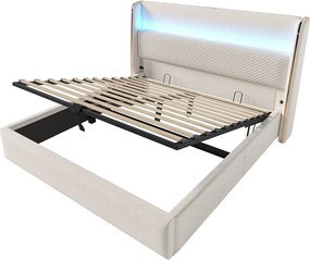 Łóżko z pojemnikiem 140x200 cm Łóżko dla dorosłych z USB i LED, tapicerowany zagłówek - beżowy len (Z materacem)