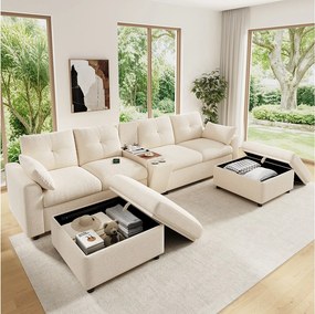 Panoramiczna sofa w kształcie litery U z podwójnym szezlongiem, schowkiem i regulowanym oparciem - Chenille - 300 x 150 x 85 cm - Szara