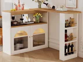 Obrotowa szafka barowa - 2 drzwi, 3 półki do przechowywania i wnęka - blat MDF imitujący drewno - diody LED - naturalny i biały