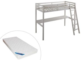 Łóżko antresola GEDEON II – 90 × 190 cm – z biurkiem – lite drewno sosnowe – kolor biały, w zestawie z materacem