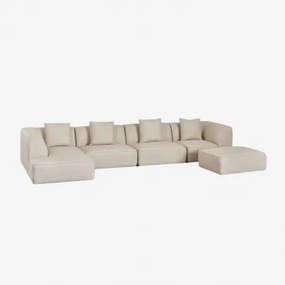 Sofa Modułowa 4-częściowa Lewostronna Z Leżanką I Tapicerowanym Pufem Cardea Tkanina Bouclé W Kolorze Kremowo-beżowym - Sklum