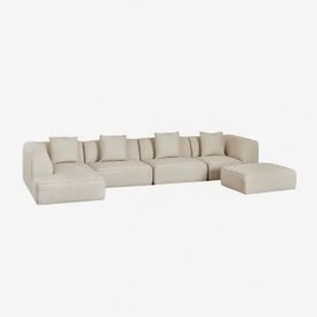 Sofa Modułowy Z Lewym Szezlongiem, 4-częściowy, Z Tapicerowanym Pufem Cardea Bukla Kremowy Beż - Sklum