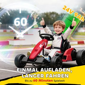 AIYAPLAY Gokart elektryczny 24 V, tryb driftu, regulowane siedzenie, 5-punktowy pas bezpieczeństwa, funkcja muzyki, klakson, 6-12 lat, czerwony