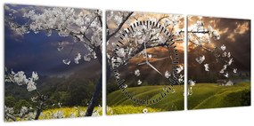Obraz - Kwitnące drzewo w krajobrazie (z zegarem) (90x30 cm)