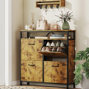 HOMCOM Szafka na buty z 4 składanymi szufladami, smukły design, otwarta półka, dla 12-20 par butów, stal, brązowy