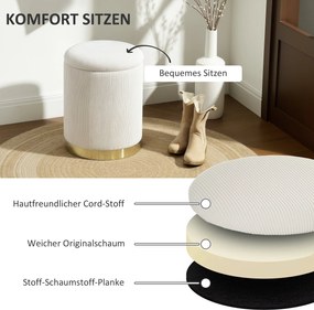 HOMCOM Puf z miejscem do przechowywania, składany puf z pokrywką, podstawa ze stali, okrągły puf 36 x 36 x 44 cm Kremowy