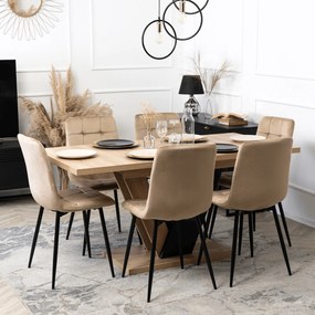 Zestaw Stół Prostokątny Rozkładany CLARK 120-160 cm Dąb Artisan/Czarny i 6 Krzeseł Tapicerowanych PERU Beżowych Welur