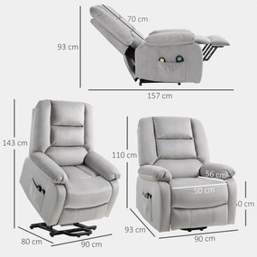 HOMCOM Fotel z Podnośnikiem z Funkcją Masażu, 90x93x110cm, Jasnoszary