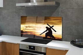 Szkło Ozdobne do Kuchni Jezus na Krzyżu o Zachodzie Słońca