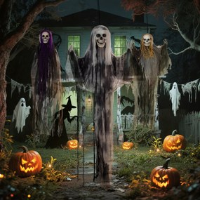 HOMCOM Wiszące Duchy-Szkielety, Zestaw 3 szt., Dekoracja na Halloween, Regulowane Ramiona, 150cm