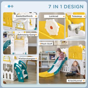 AIYAPLAY Poślizg dla dzieci, 7-w-1 plac zabaw, z koszem i kierownicą, dla dzieci 1-3 lata, 178x177x99cm, Żółty/Biały/Zielony